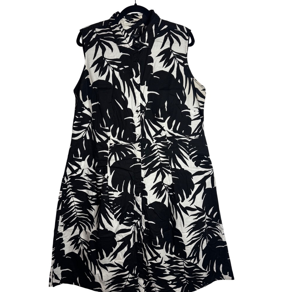 Talbots Sz 16W Black White Tropical Leaf Sleeveless Vacation Shirt Dress Midi